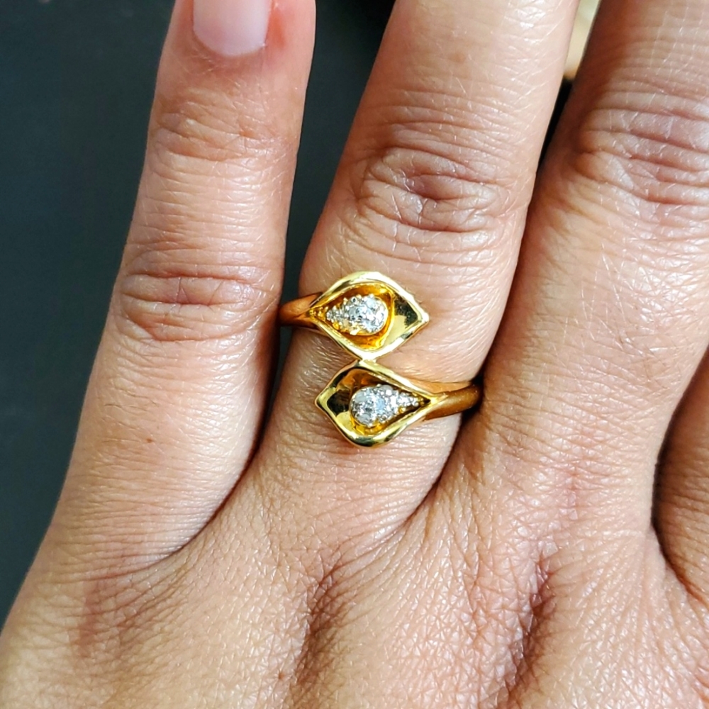 14K Gold Diamond Over Sterling Silver 925 Cala Lily Ring